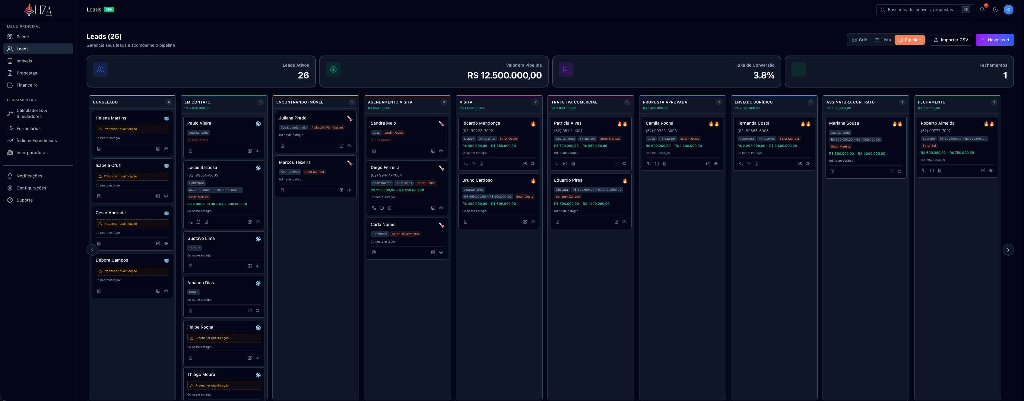 Pipeline de leads na Liza — CRM imobiliário